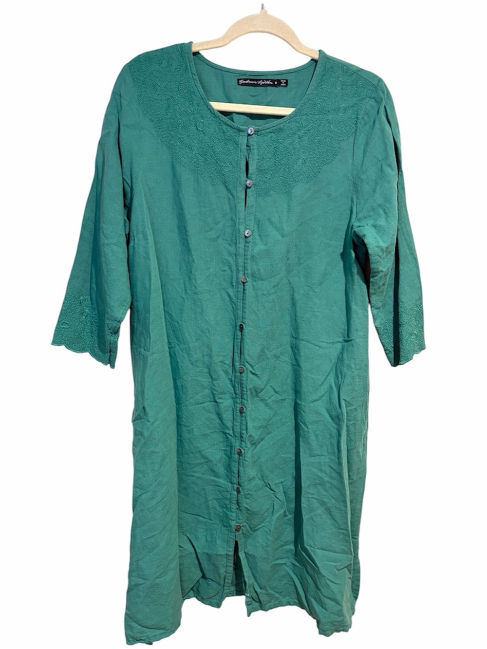Gudrun Sjoden Teal Embroidered Button Down Dress Cotton Linen Lagenlook Medium - Picture 2 of 15